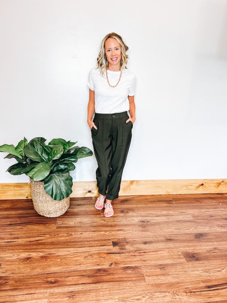 paperbag pants, white tee, gold necklace, tory burch miller