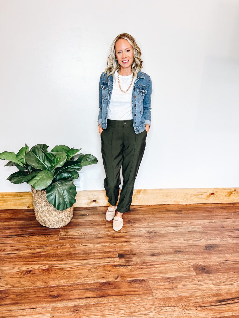 kut from the kloth denim jacket, white basic tee, gold necklace, green pants for work, mules from amazon
