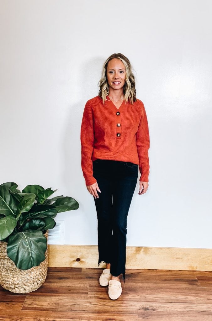 burnt orange henley style sweater, madewell dupe sweater, amazon fashion, mother black jeans, tan mules, teacher outfit ideas