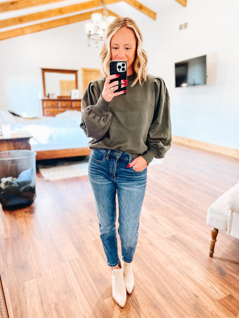 olive green sweatshirt, straight leg jeans, booties, fall fashion finds for women, target fashion