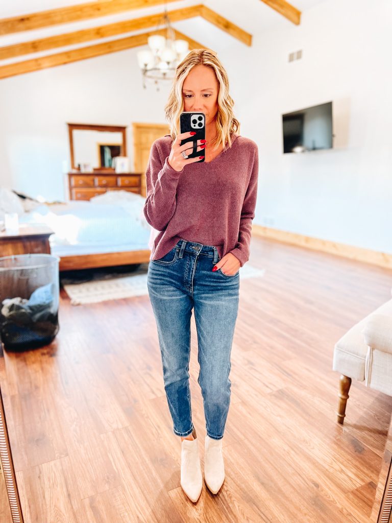purple sweater, straight leg jeans, booties, fall fashion finds for women, target fashion