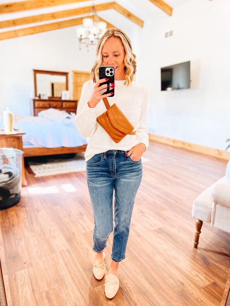 brown belt bag, amazon white sweater, straight leg jeans, mules
