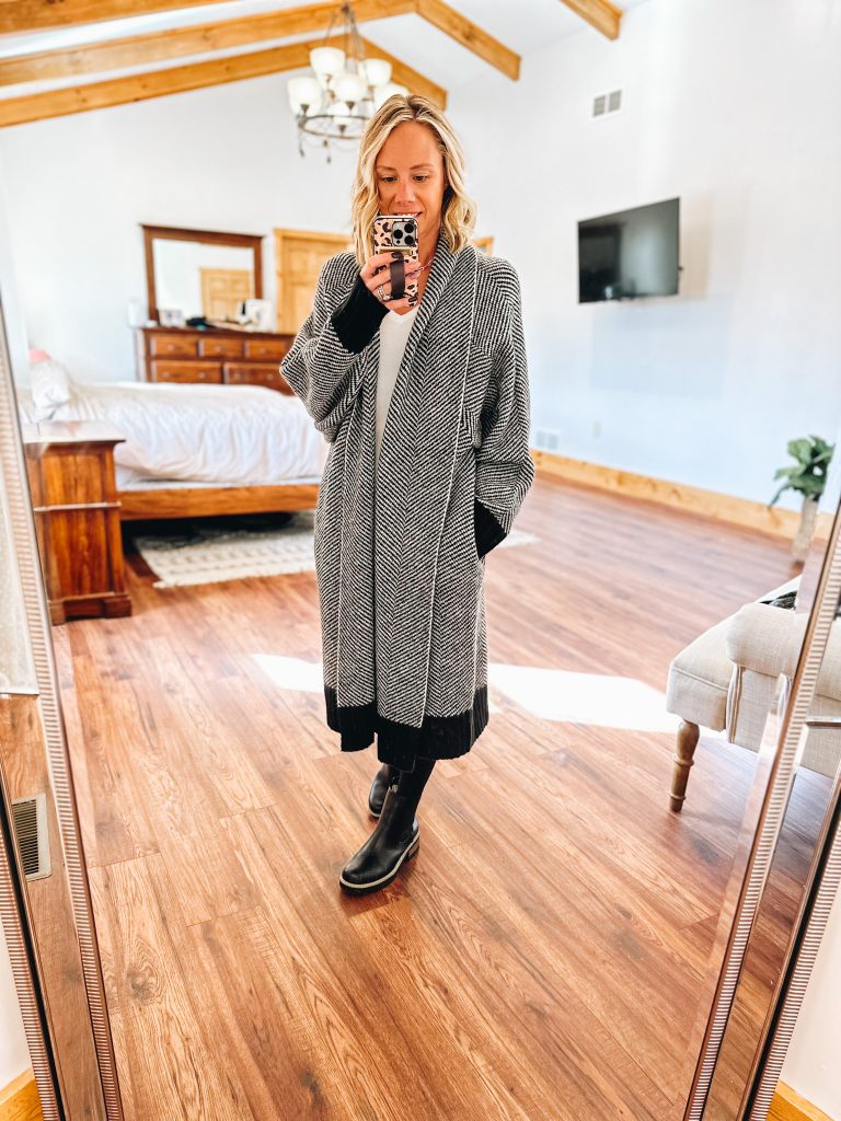 coatigan, long sweater jacket, chelsea boots, black leggings