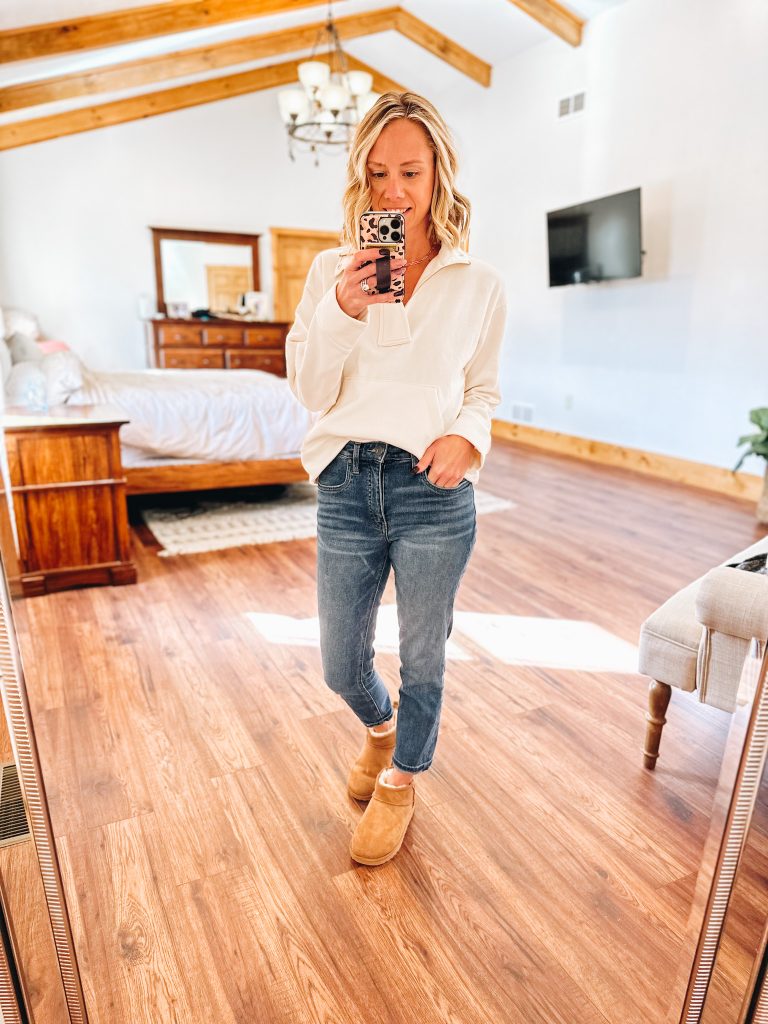 Target Style, cream pullover, straight leg jeans, UGG ultra mini boots