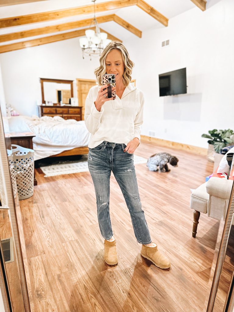 ugg ultra mini boots, cream pullover, risen straight leg jeans