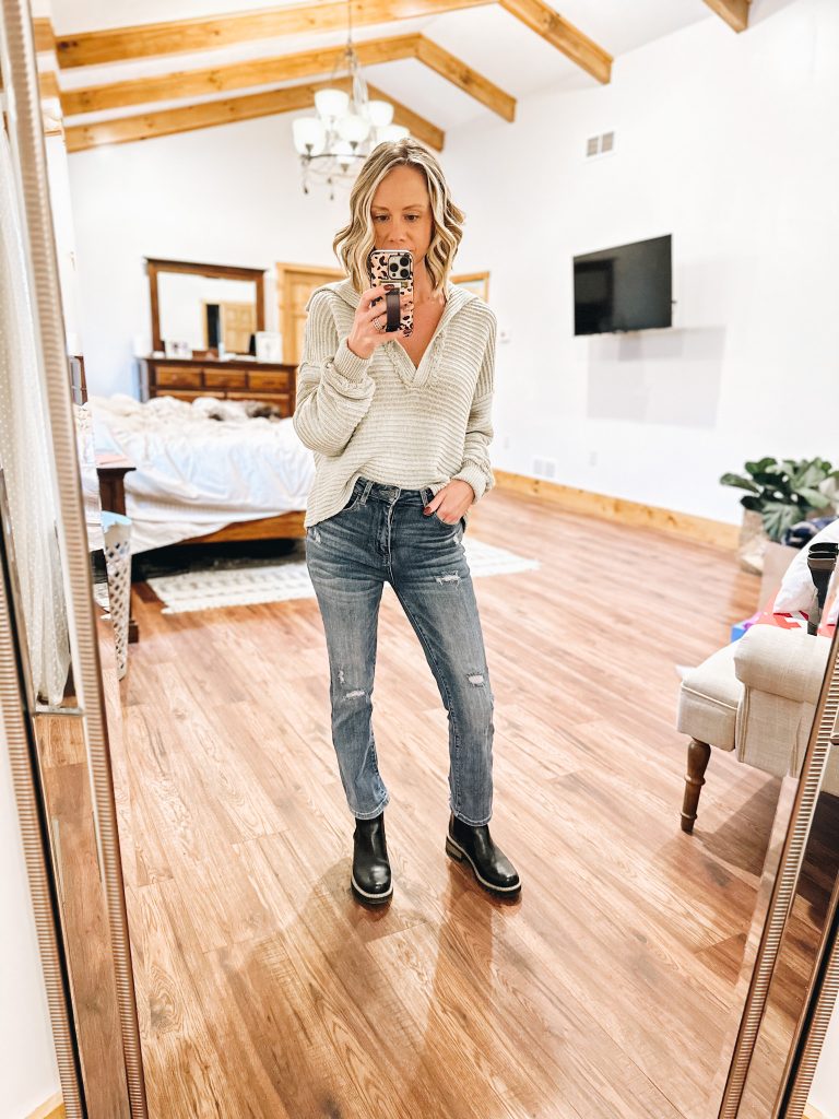 chelsea boots, sweater, straight leg jeans
