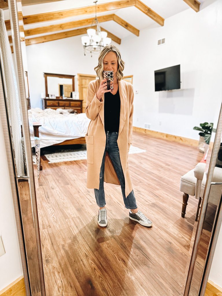 coatigan, sneakers, basic tee, casual outfit idea