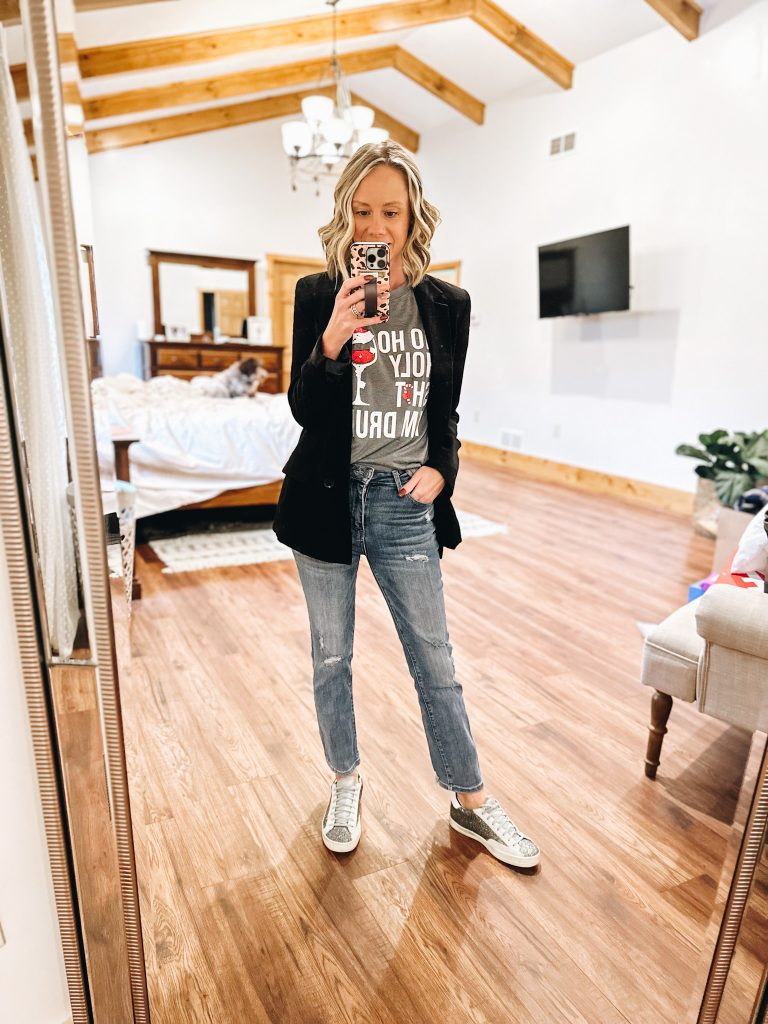 risen straight leg jeans, christmas tee, blazer, p448 sneakers