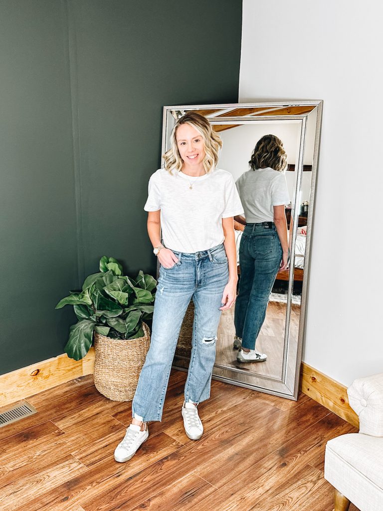 kut from the kloth, straight leg jeans for women, spring style, ankle flare jeans, white tee shirt
