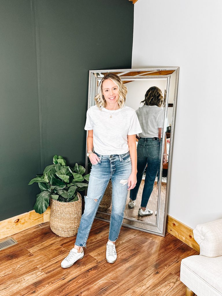 golden goose sneakers, kut from the kloth, straight leg jeans for women, spring style, white t-shirt