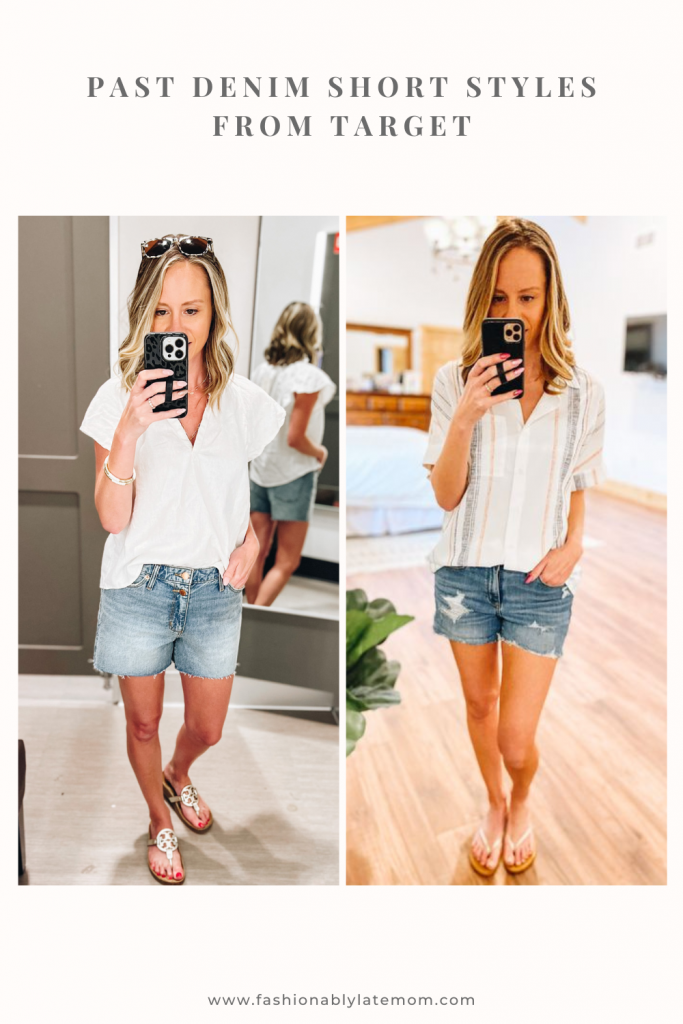 Target denim shorts, tory burch sandals, distressed denim shorts