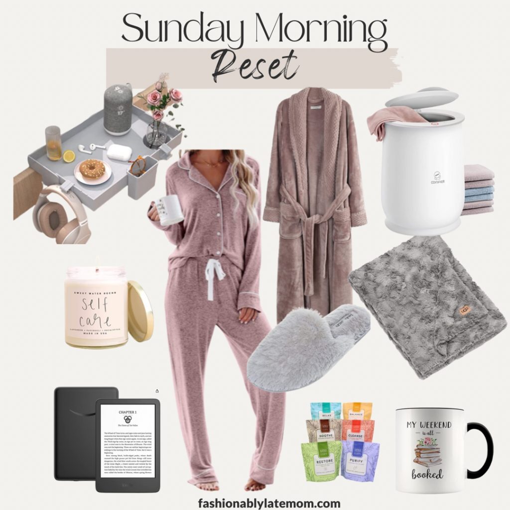 Sunday Morning Reset, bath tray, cozy pajamas, robe, slippers, candle, towel warmer, coffee mug, kindle, bath salts