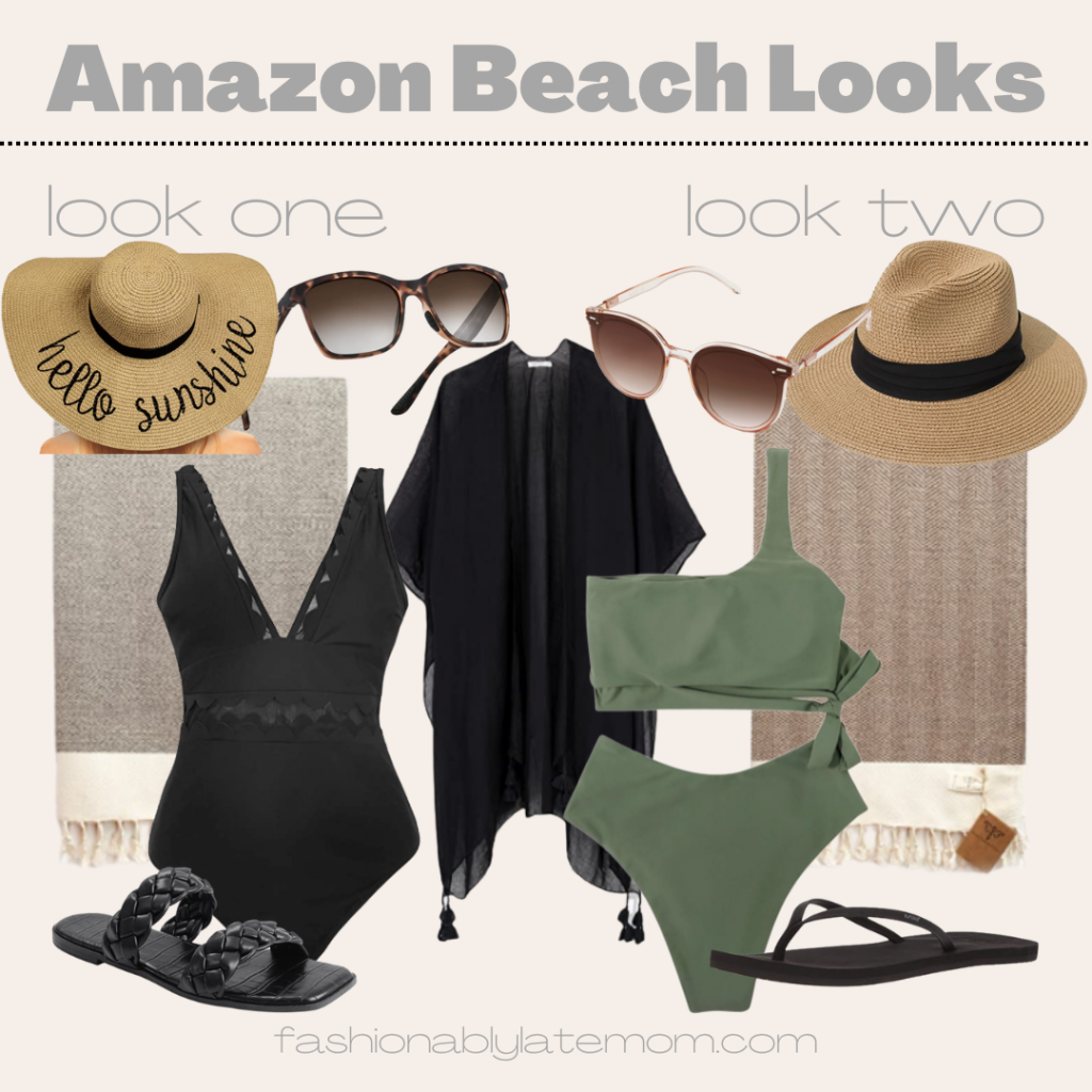 swimsuits from amazon, bikini, coverup, beach towel, one piece suit, sandals