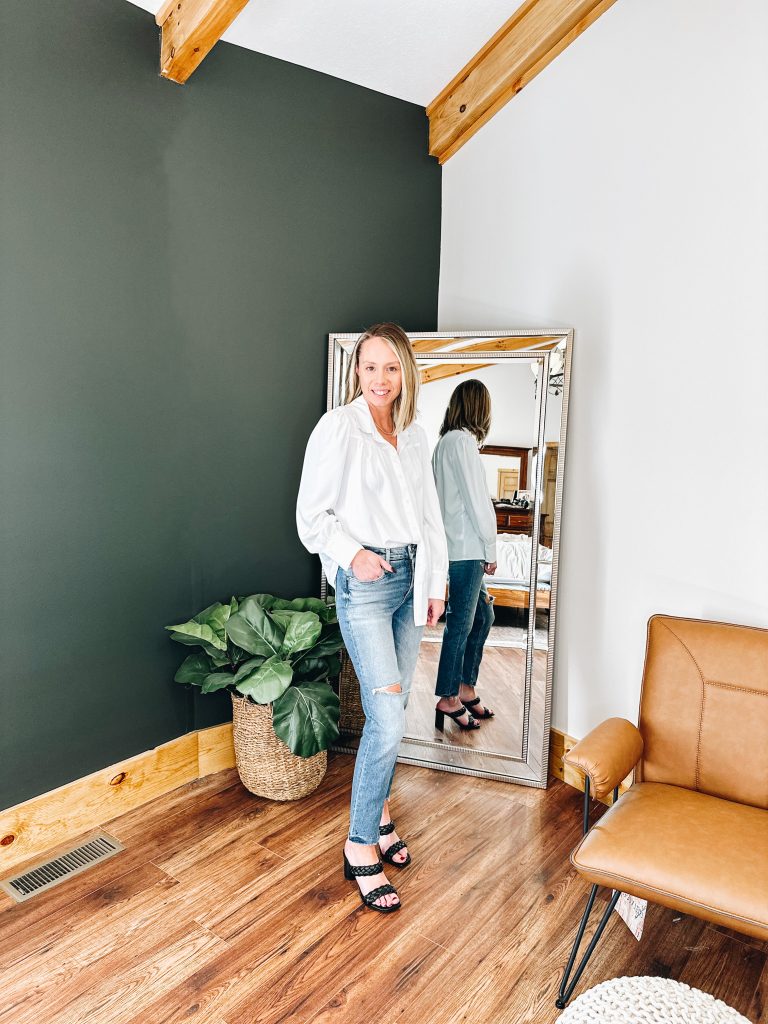white button down top, straight leg jeans, black braided sandals, heeled sandals