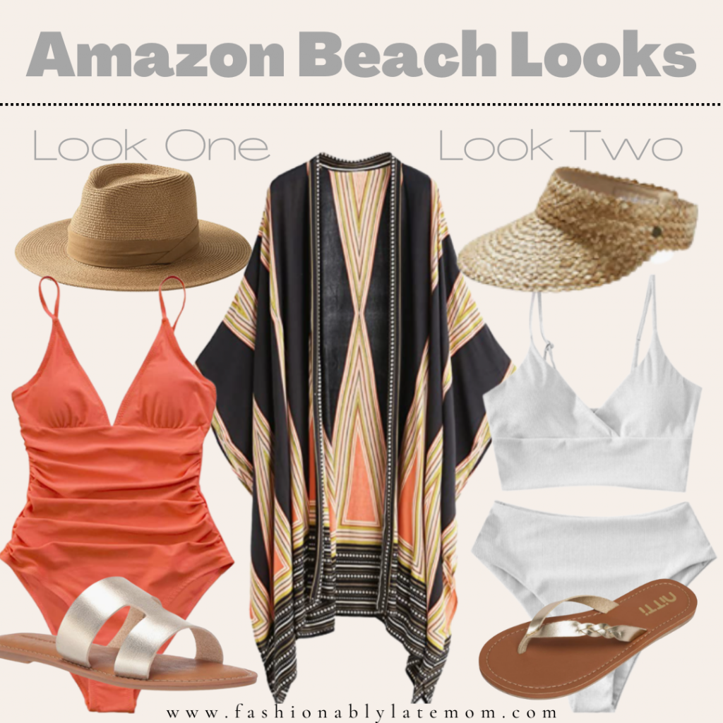 coverup, orange swimsuit, white bikini, gold sandals
