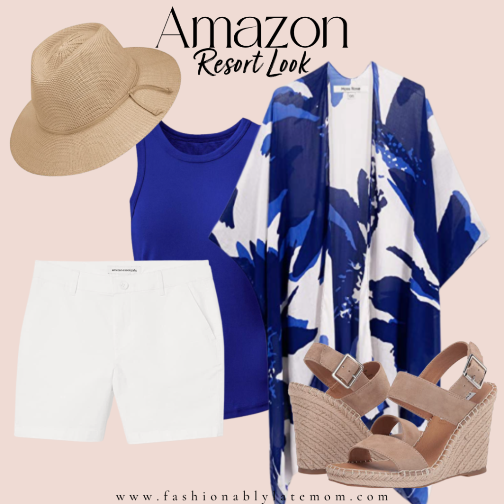 casual resort wear outfits, outfits from Amazon, kimono, wedge sandals, white shorts 