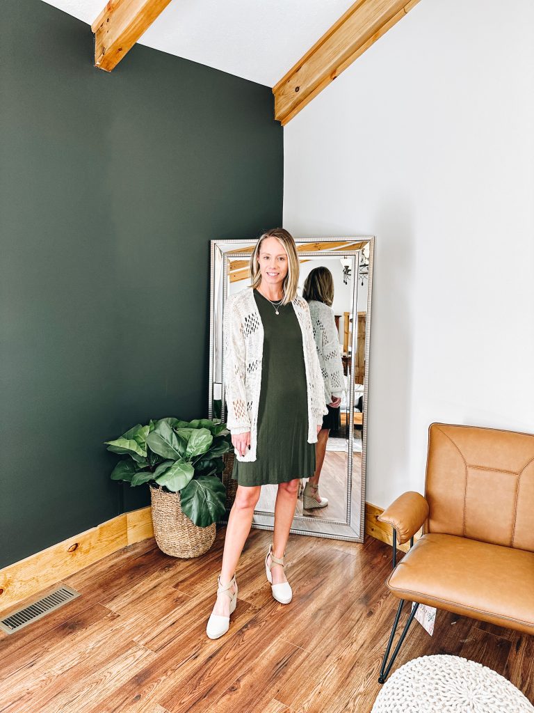classic tank dress, cardigan, espadrille sandals, wedge sandals
