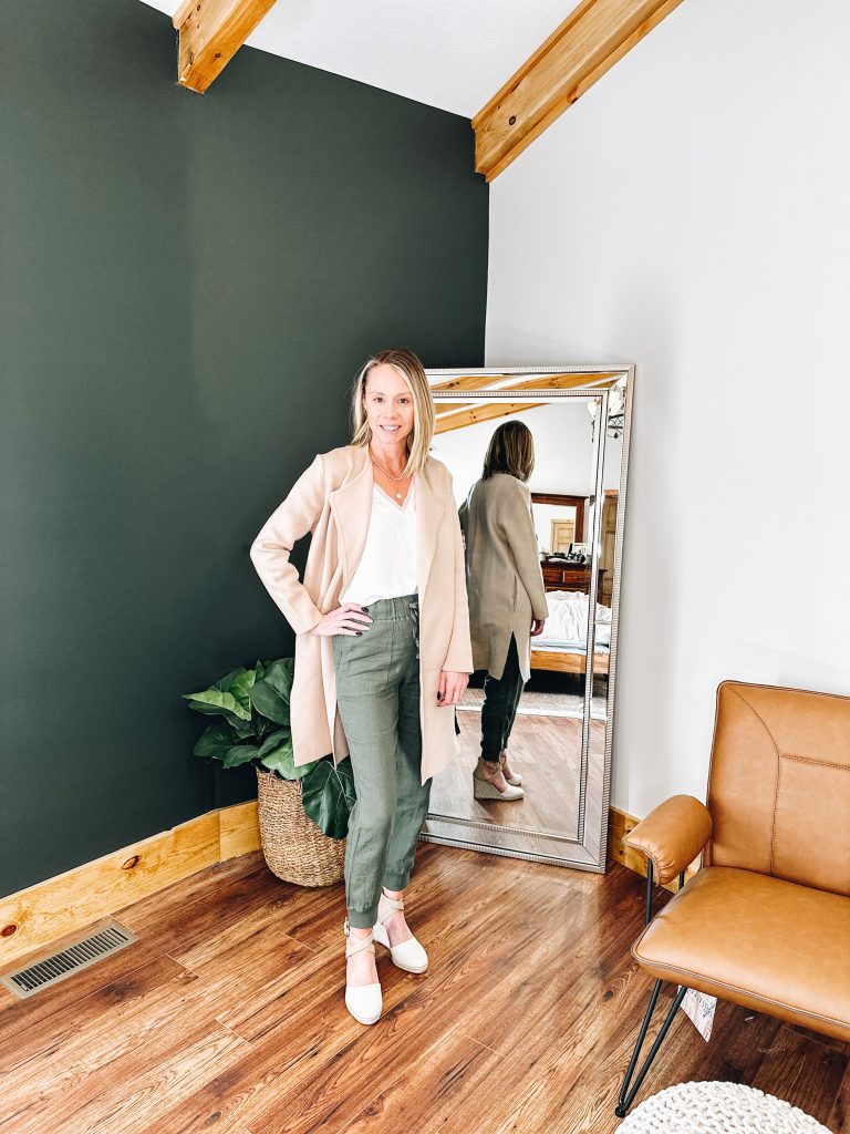 spring outfit idea, coatigan, amazon fashion, linen joggers, wedge sandals
