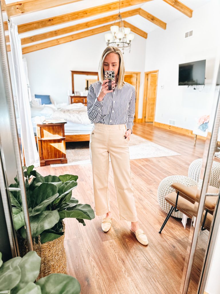 spring outfit idea, wide leg pants, striped button down, mules