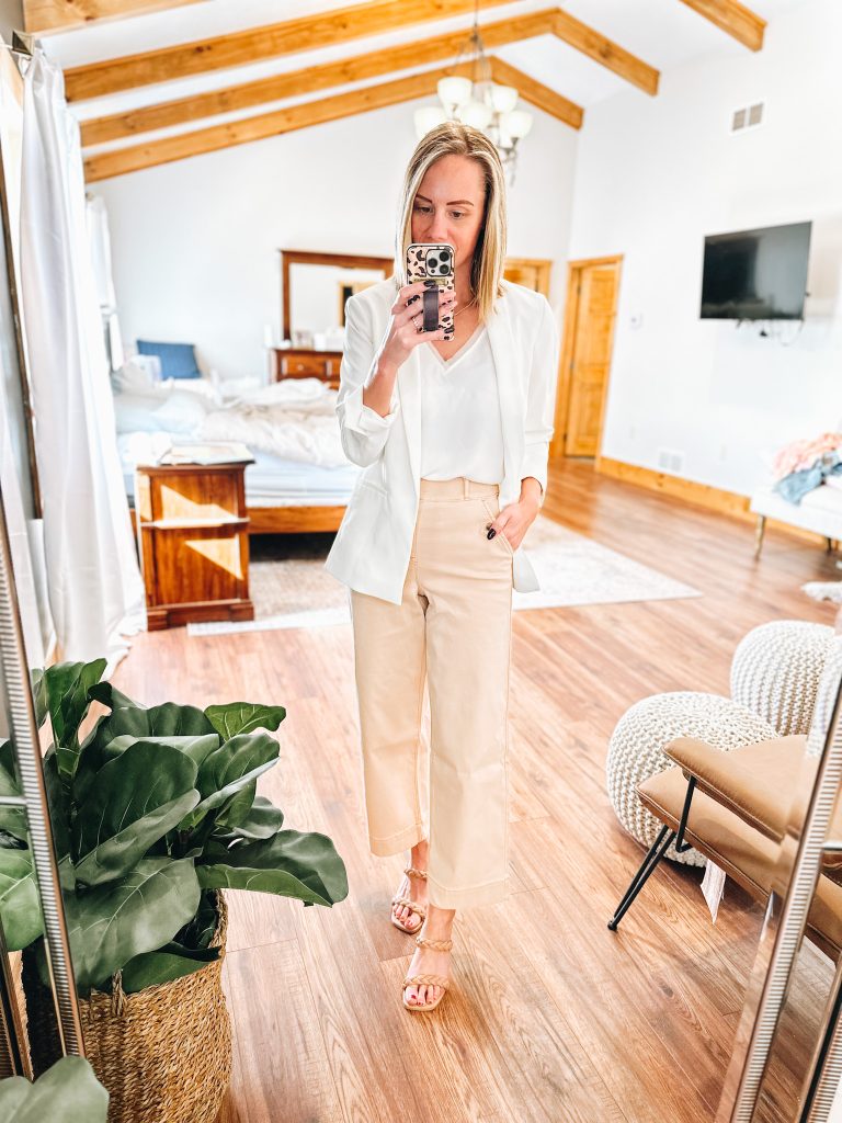white blazer, work outfit, wide leg pants