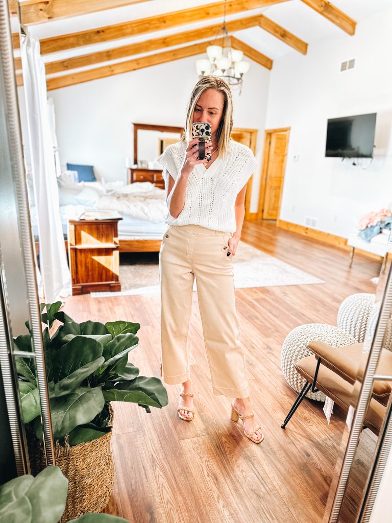wide leg pants, sandals, sweater vest