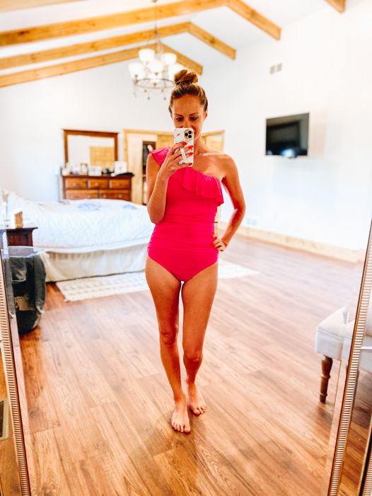 hot pink ruffle one shoulder swimsuit