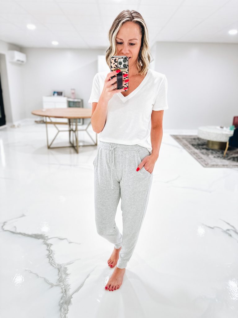 lounge pants, basic white tee, spring styles from Target, women's outfit ideas