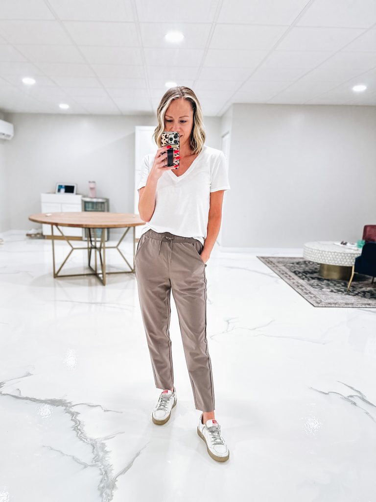 women's spring outfits from target, athletic pants, golden goose sneakers, white basic tee