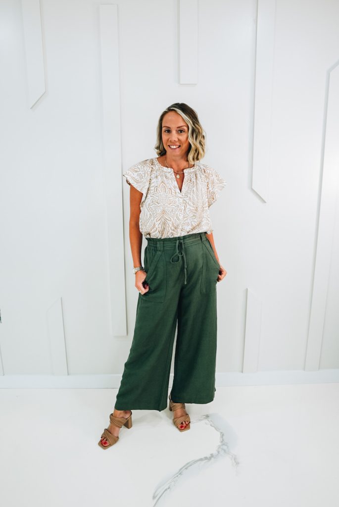 wide leg green linen pants, neutral blouse, Loft, heeled sandals