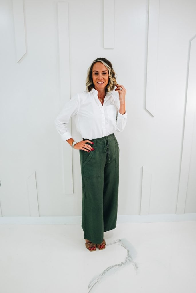 white button-down top, wide leg green linen pants, heeled sandals