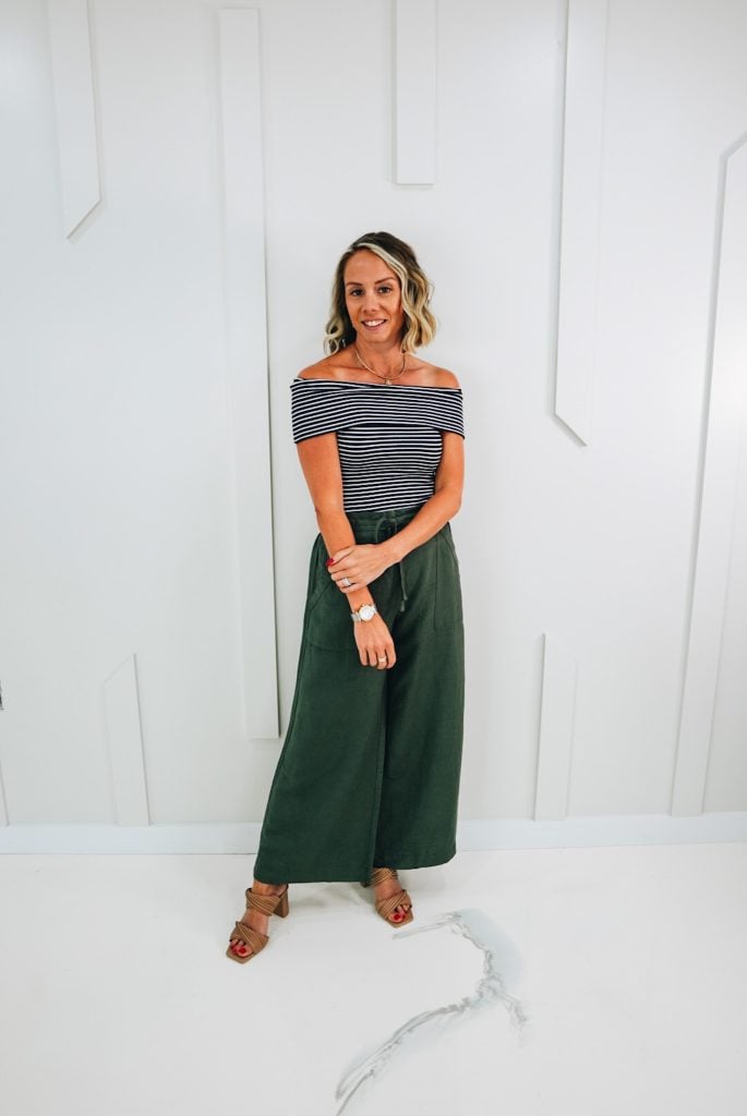 Off the shoulder striped top, wide leg green linen pants, heeled sandals, Loft