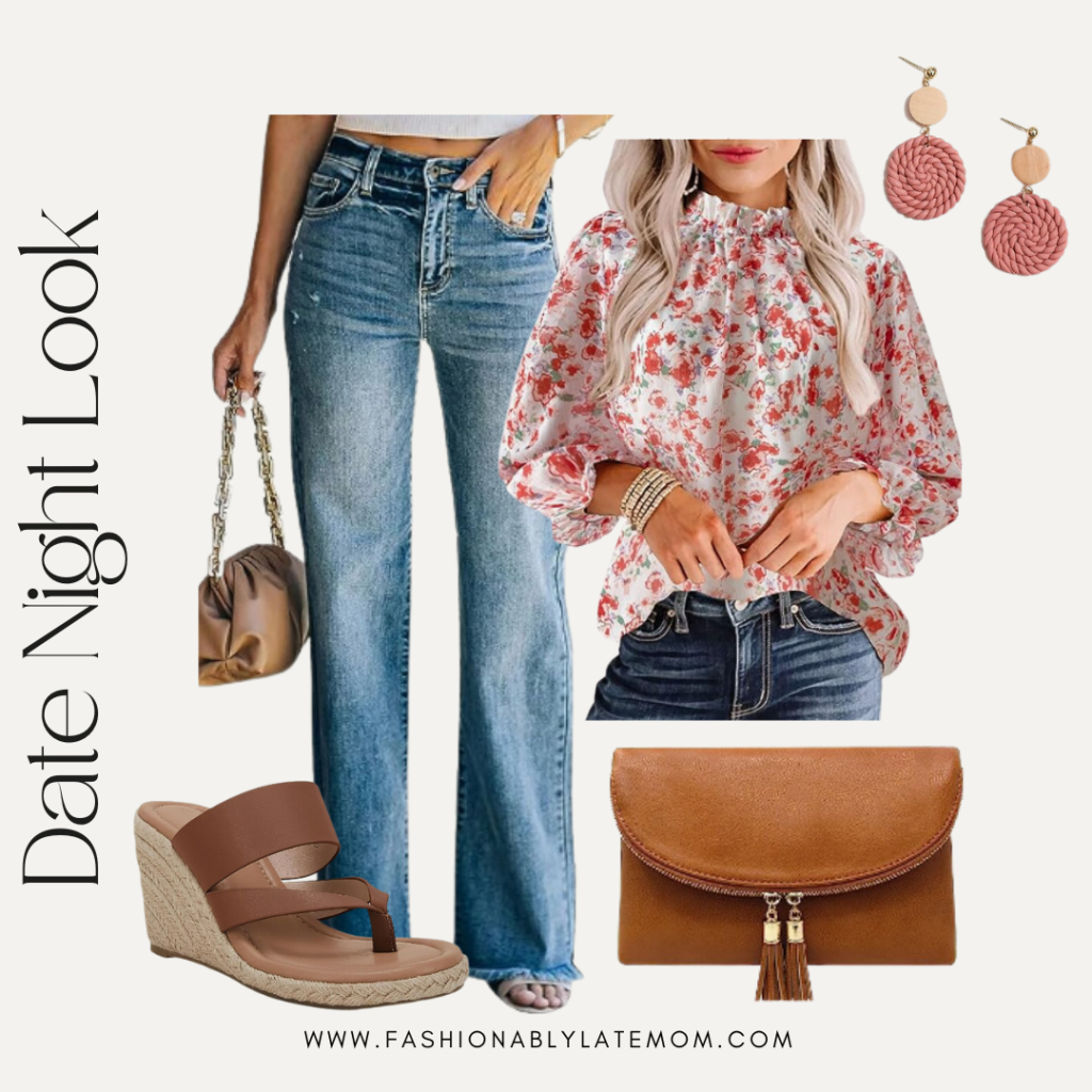 floral blouse, flare jeans