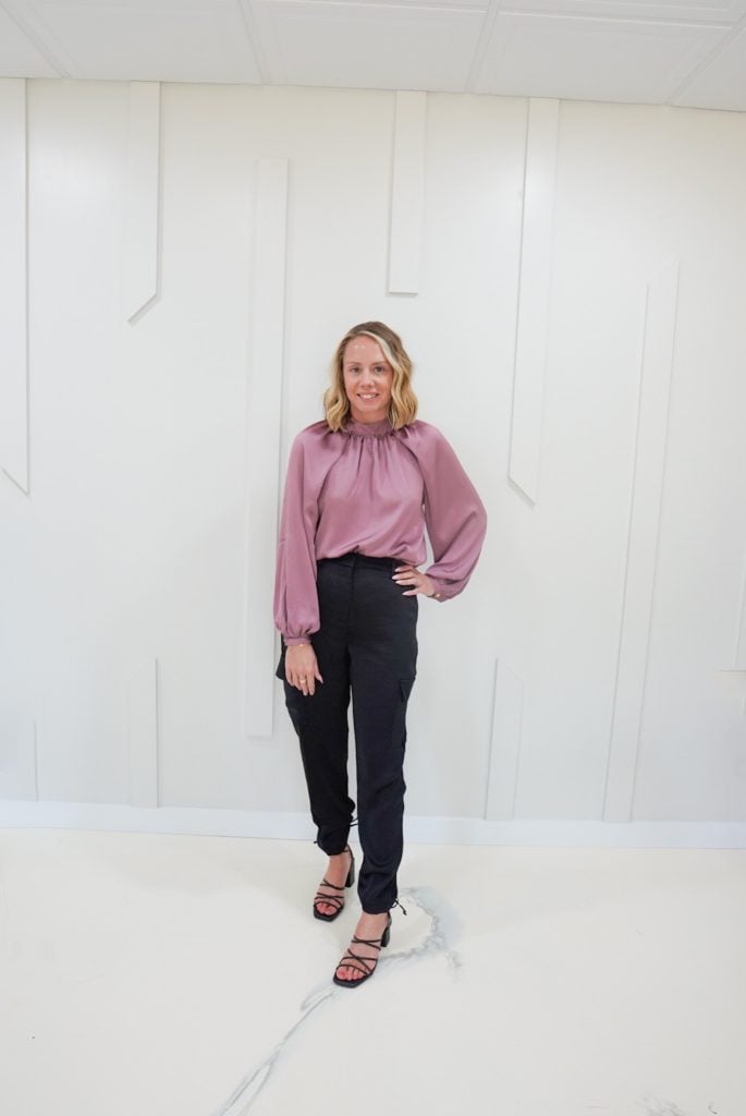 satin cargo joggers, blouse, date night outfit, cargo pants outfits