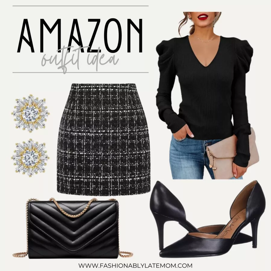 tweed skirt, black heels, christmas outfit