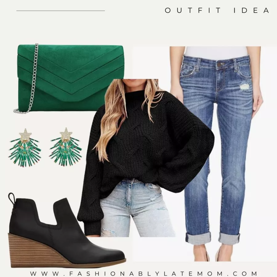 black sweater, toms booties, straight leg jeans, christmas earrings