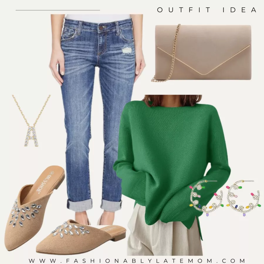 mules, green sweater, straight leg jeans