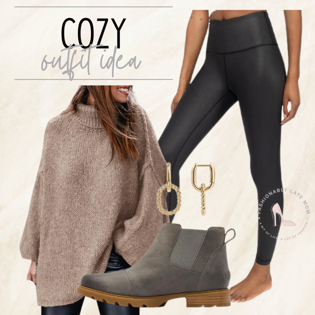 oversized tunic sweater, faux leather leggings, sorel booties