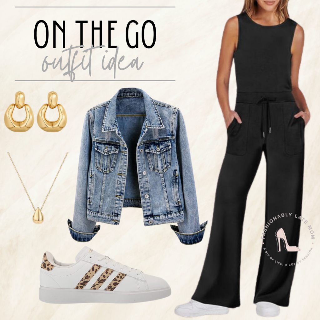 jumpsuit, denim jacket, adidas sneakers