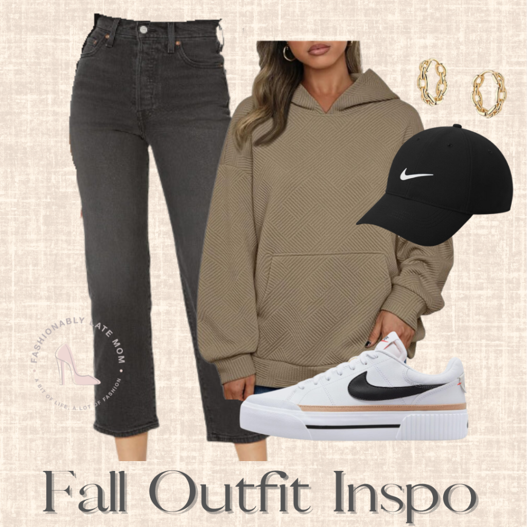 straight leg jeans, nike sneakers, hoodie, ballcap