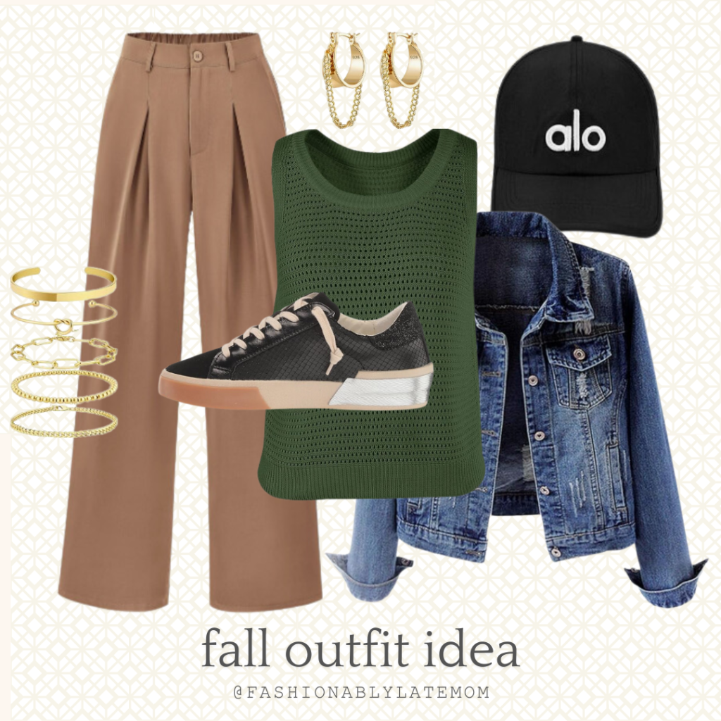 wide leg trousers, sneakers, sweater vest, denim jacket