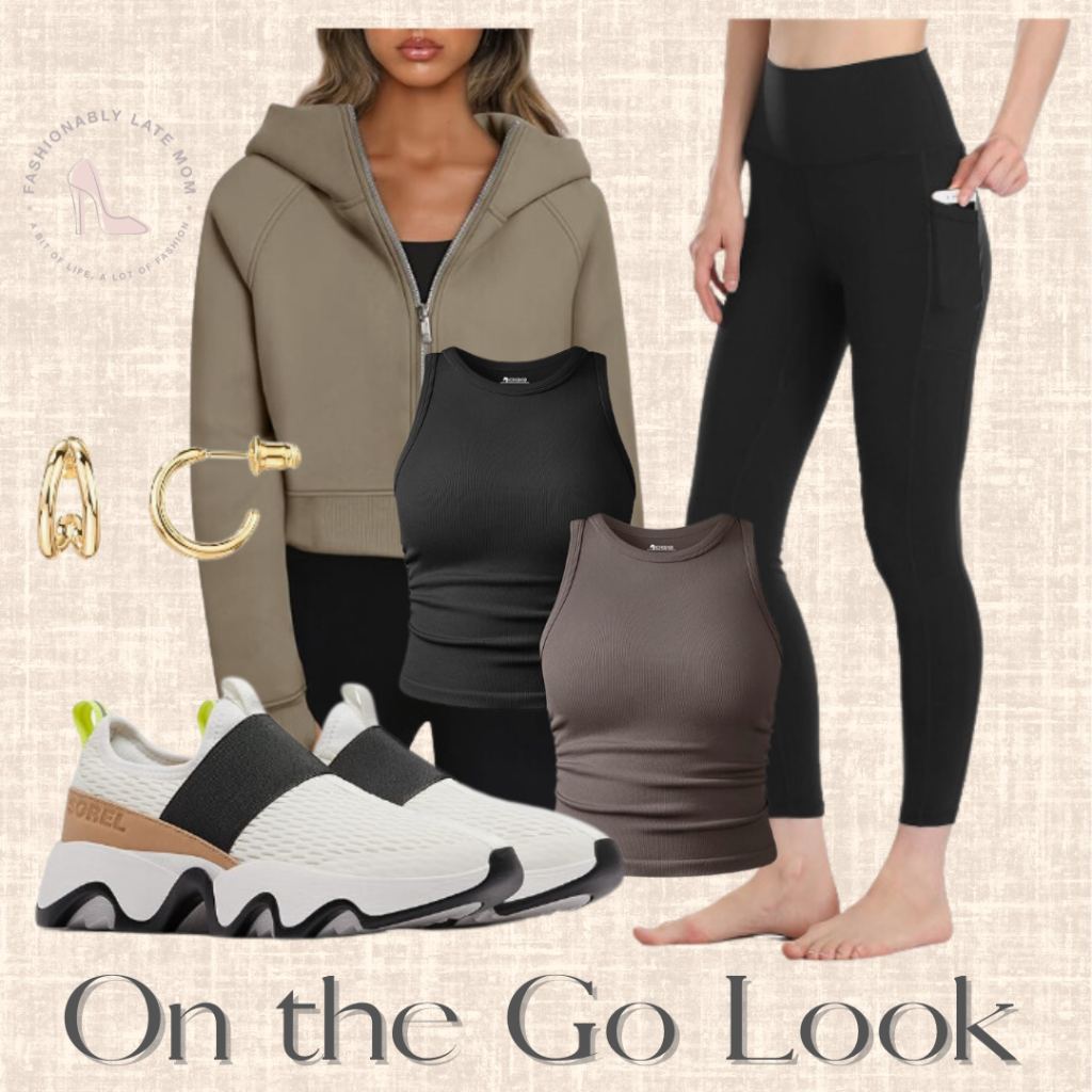 sorel sneakers, leggings, zip up hoodie
