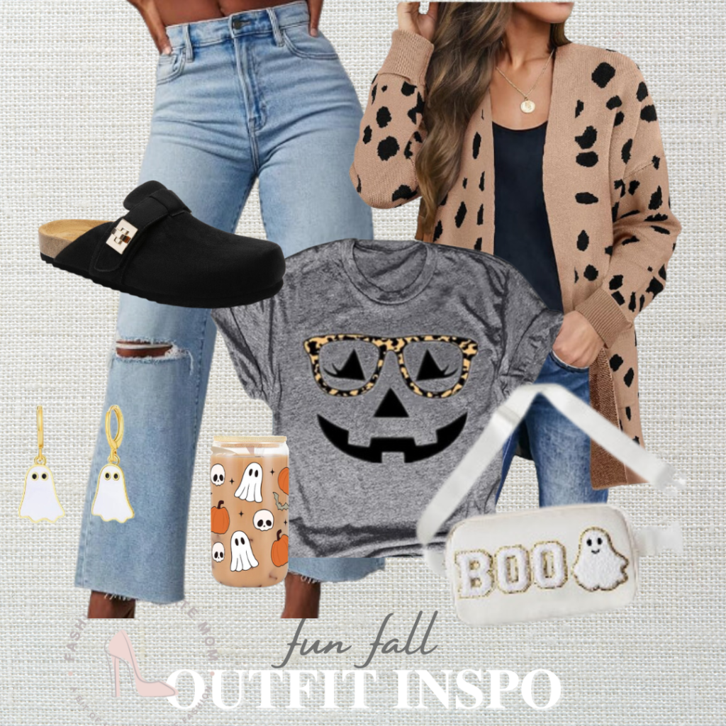 leopard cardigan, black clogs
