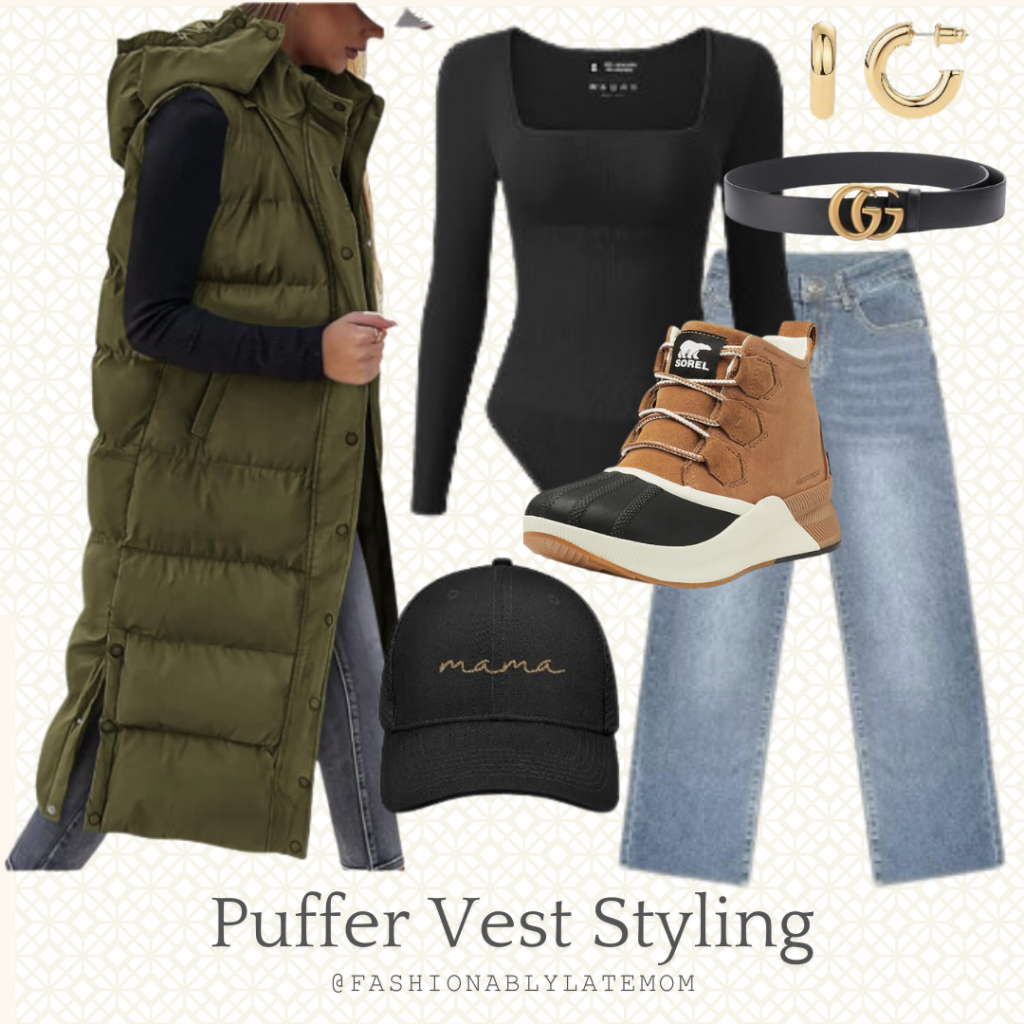 puffer vest styling, women’s fall fashion, puffer vest outfit ideas, how to wear puffer vests, winter layering tips, fall outfit inspiration for women, fashionably late mom