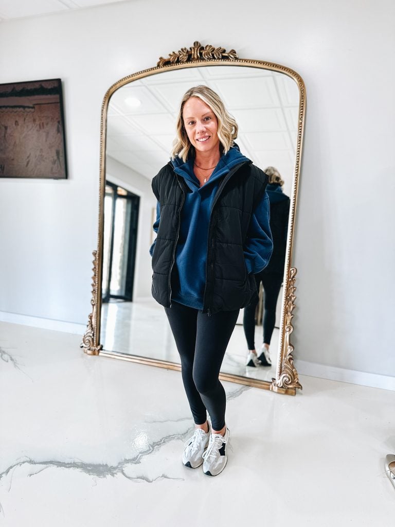 puffer vest styling, women’s fall fashion, puffer vest outfit ideas, how to wear puffer vests, winter layering tips, fall outfit inspiration for women, fashionably late mom