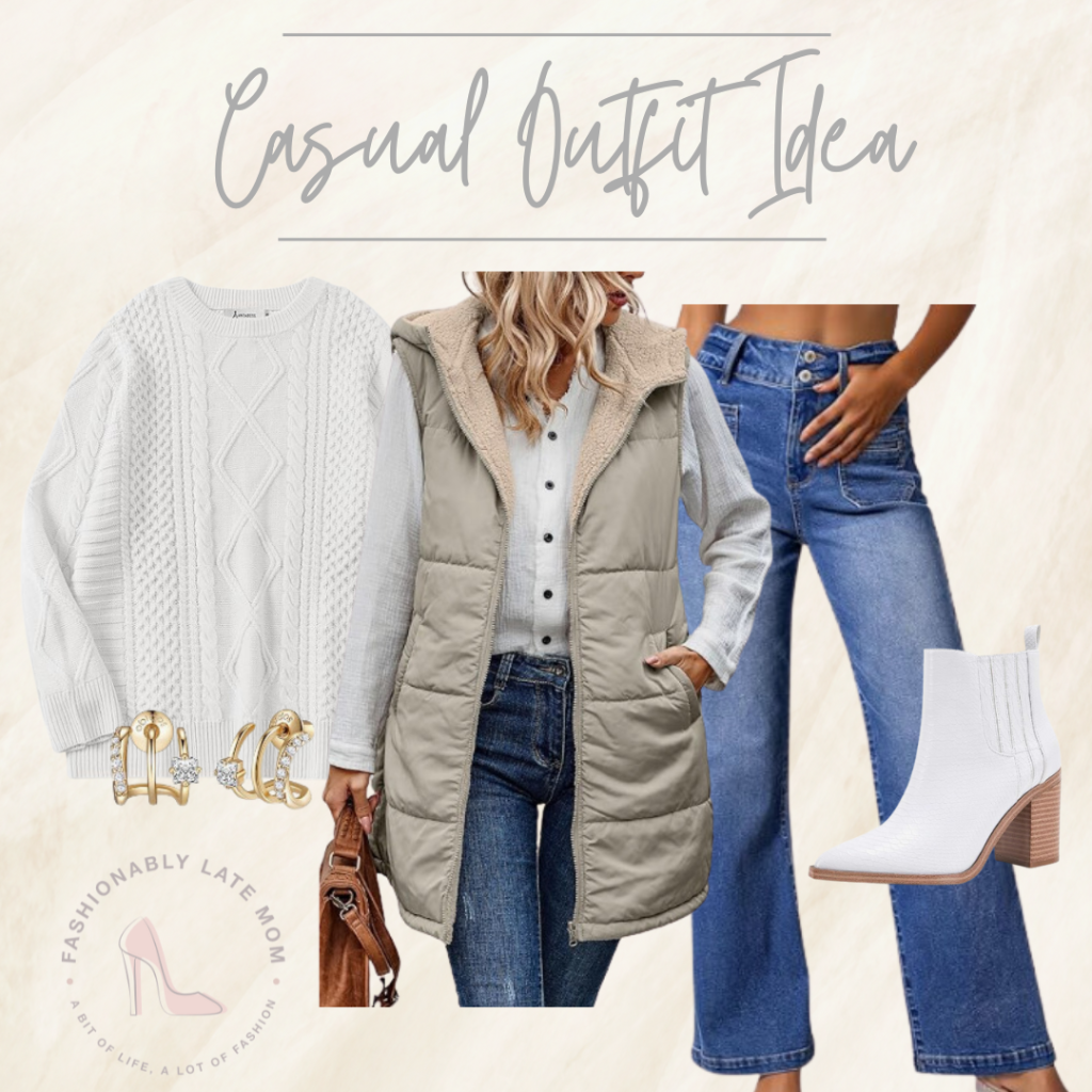 puffer vest styling, women’s fall fashion, puffer vest outfit ideas, how to wear puffer vests, winter layering tips, fall outfit inspiration for women, fashionably late mom