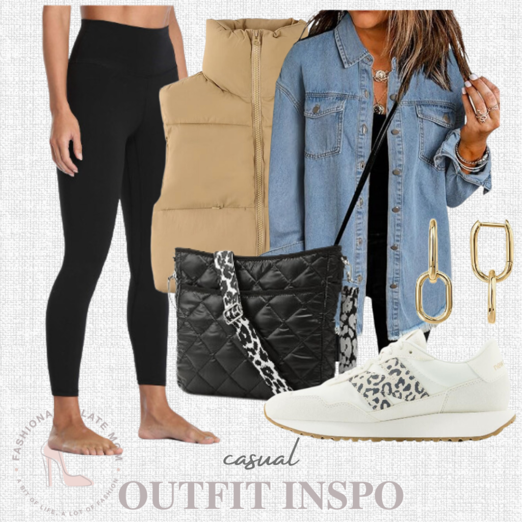women's denim shacket, leopard sneakers, leggings, puffer vest