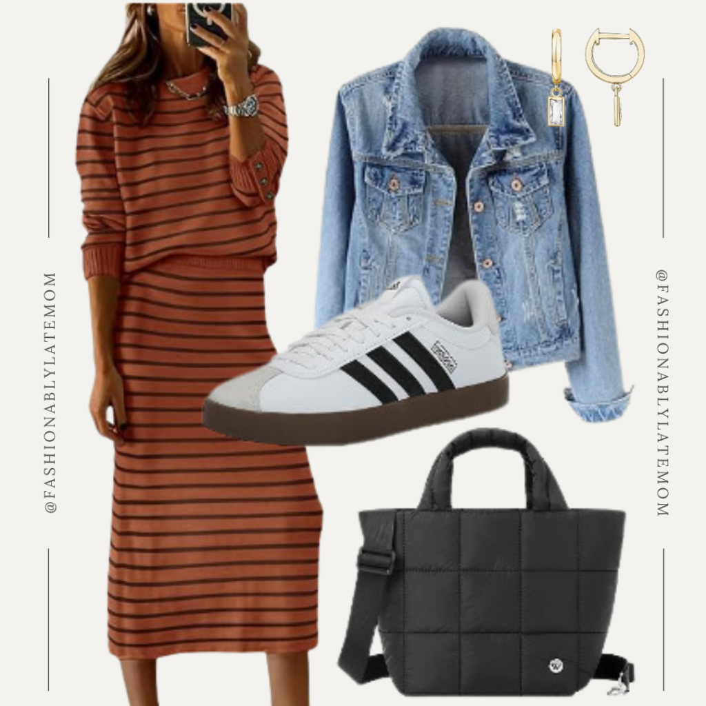 women's sweater set, denim jacket, adidas sneakers