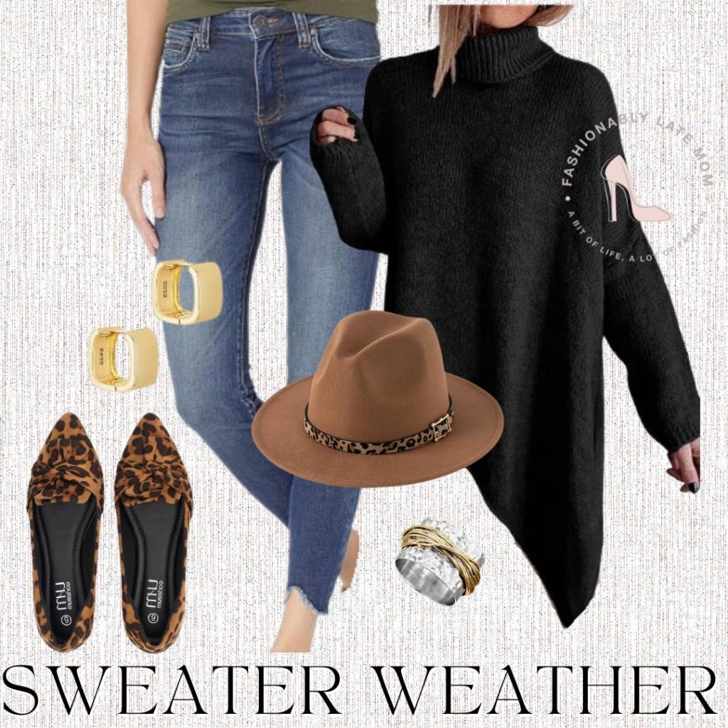 leopard flats, skinny jeans, tunic sweater