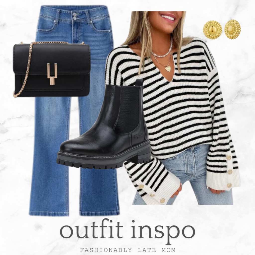 chelsea bots, striped sweater, straight leg jeans