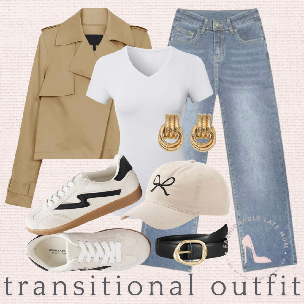 casual sneakers, straight leg jeans, cropped trench jacket, bow hat, spring transitional outfits from Amazon